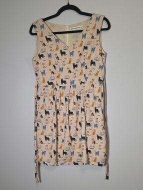 Sm Wardrobe Cat Print Sleeveless Cotton Dress in Cream, Blue & Black